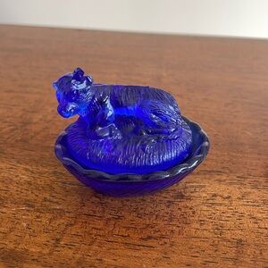 Tiny Cobalt Blue Glass Cow on Basket Bucket
